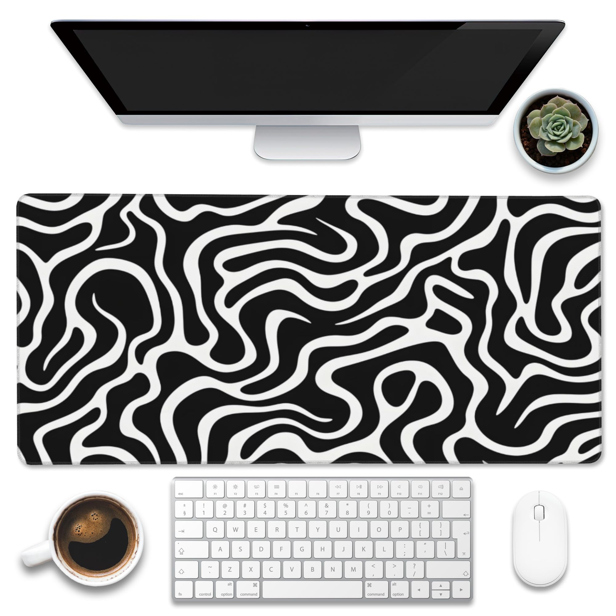Eflxamz XXL Gaming Mouse Pad, Black White Swirled Waves, 35.4"x15.7", Non-Slip, Durable, Waterproof