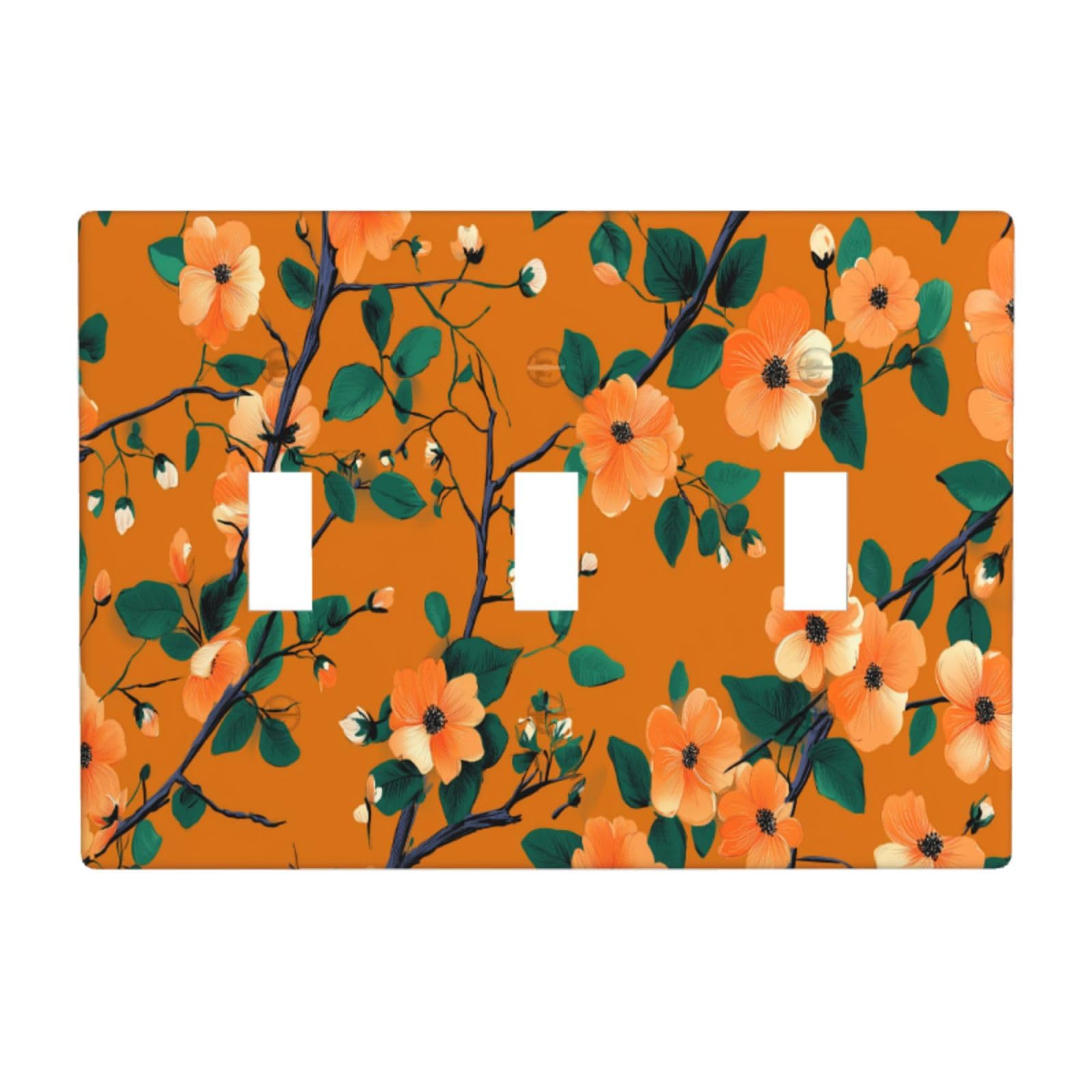 Orange Flowers with Leaves Small Branches Light Switch Covers 3 Gang Triple Toggle Wall Plate Switchplate Electrical Faceplate for Bathroom Kitchen Bedroom Decor