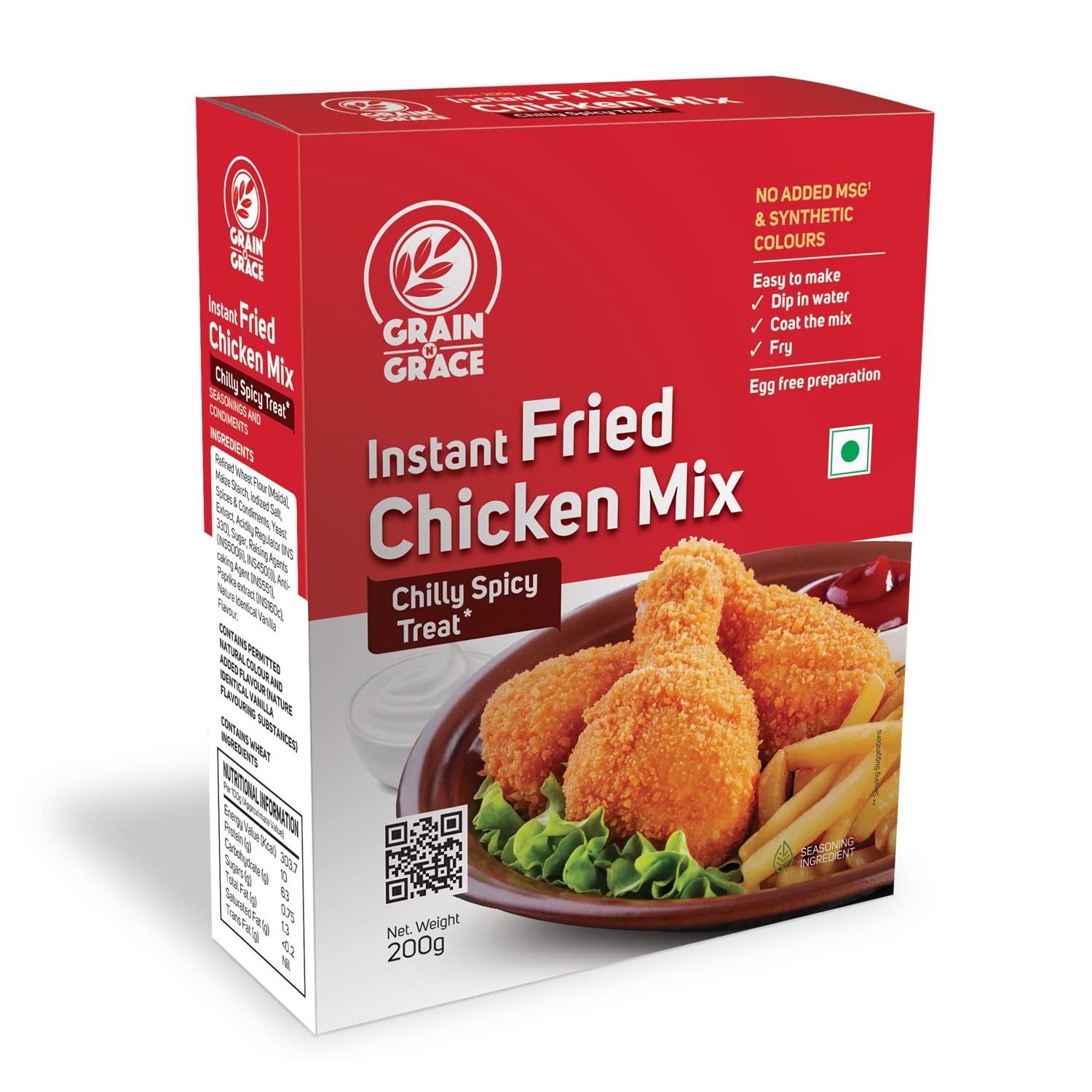 Grain N Grace Instant Fried Chicken Mix - Chilly Spicy Treat - Marination & Breading Mix - No added MSG & Synthetic Colours - Make Chicken with Crispy and Flaky Coating - 200g