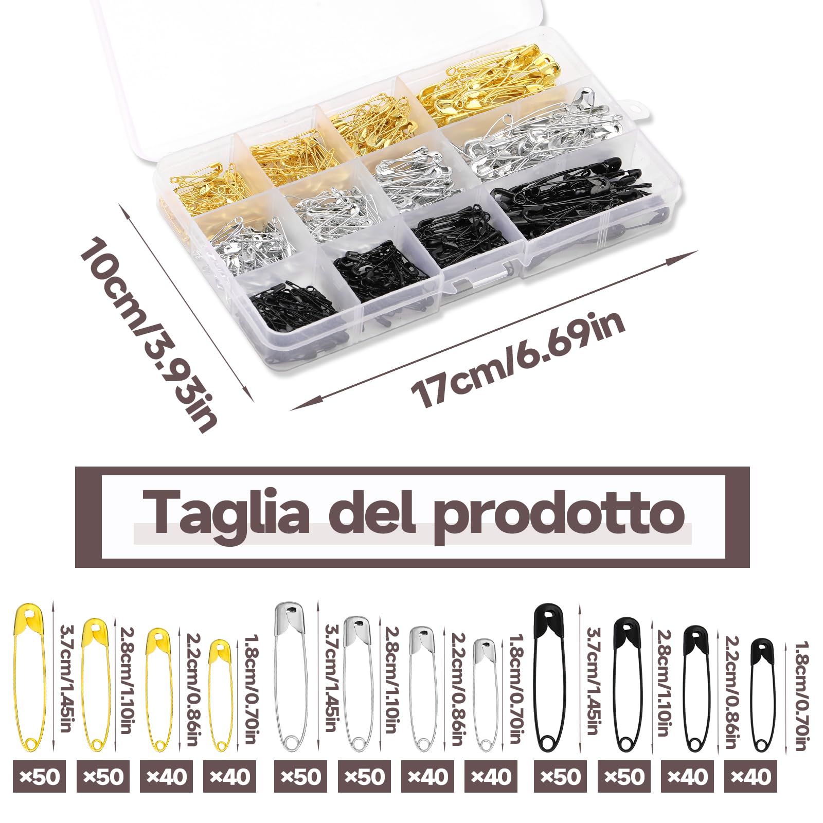 Spille da balia, spille da balia assortite, confezione da 4 misure da 540, da 25 mm a 55 mm, tre colori di acciaio antiruggine nichelato, spille di qualità resistente per vestiti, sartoria