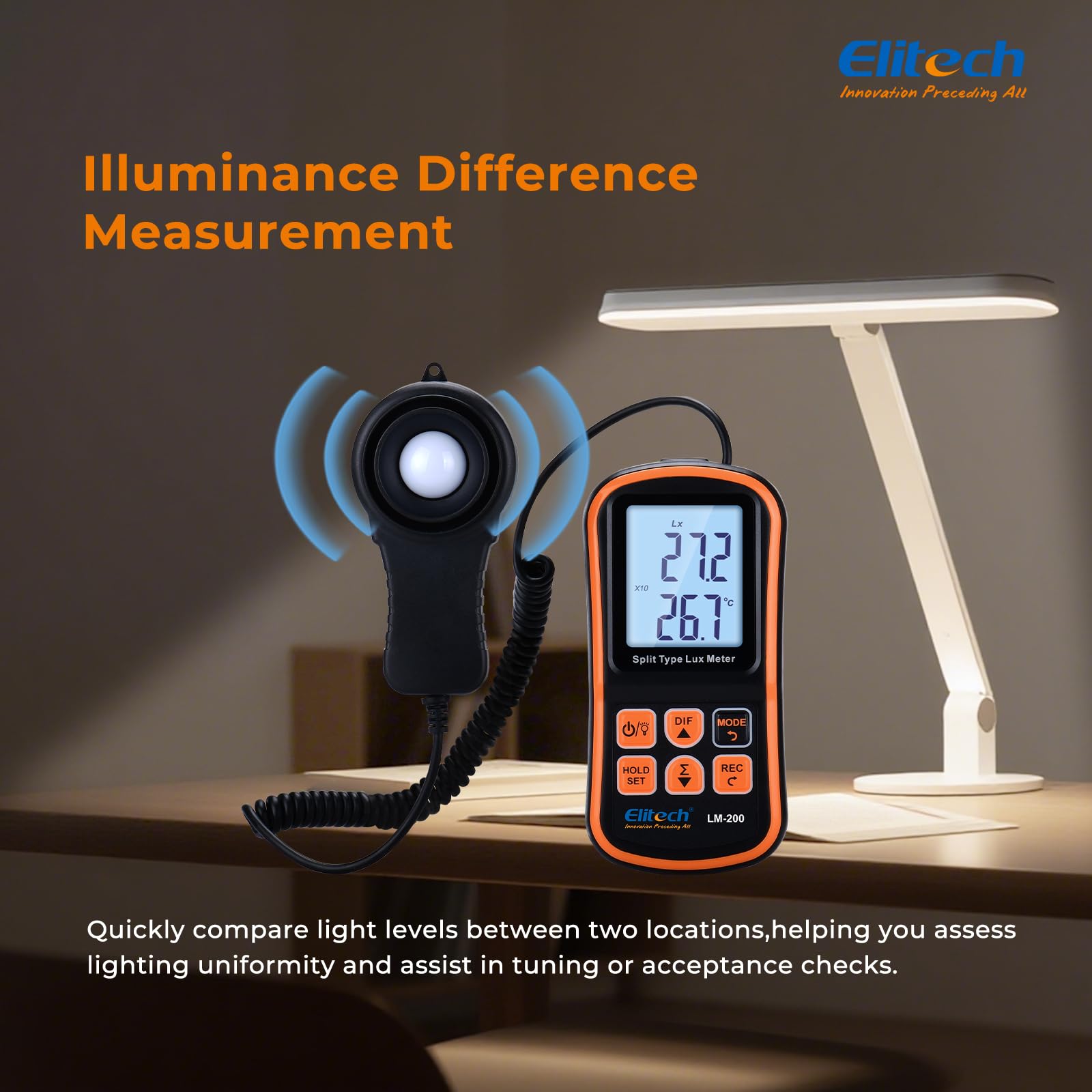 Elitech Misuratore di Luce Digitale Luxmetro Portatile con Display LCD, Portata 200.000 Lux, Misura della Temperatura LM-200