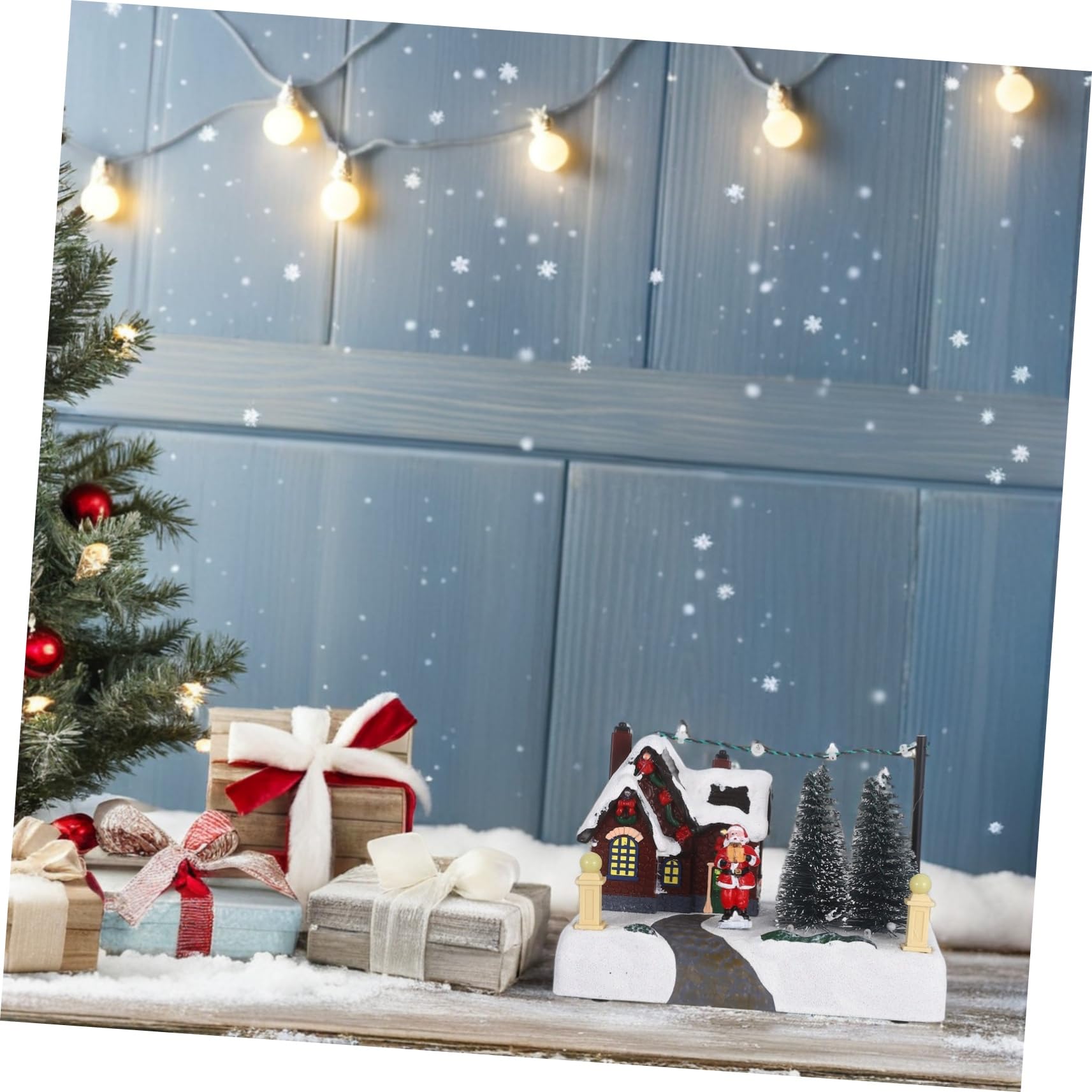ULTECHNOVO Adorno Navideño Iluminado de Resina con Caja Musical Elegante para Adorno Festivo de Oficina o Hogar