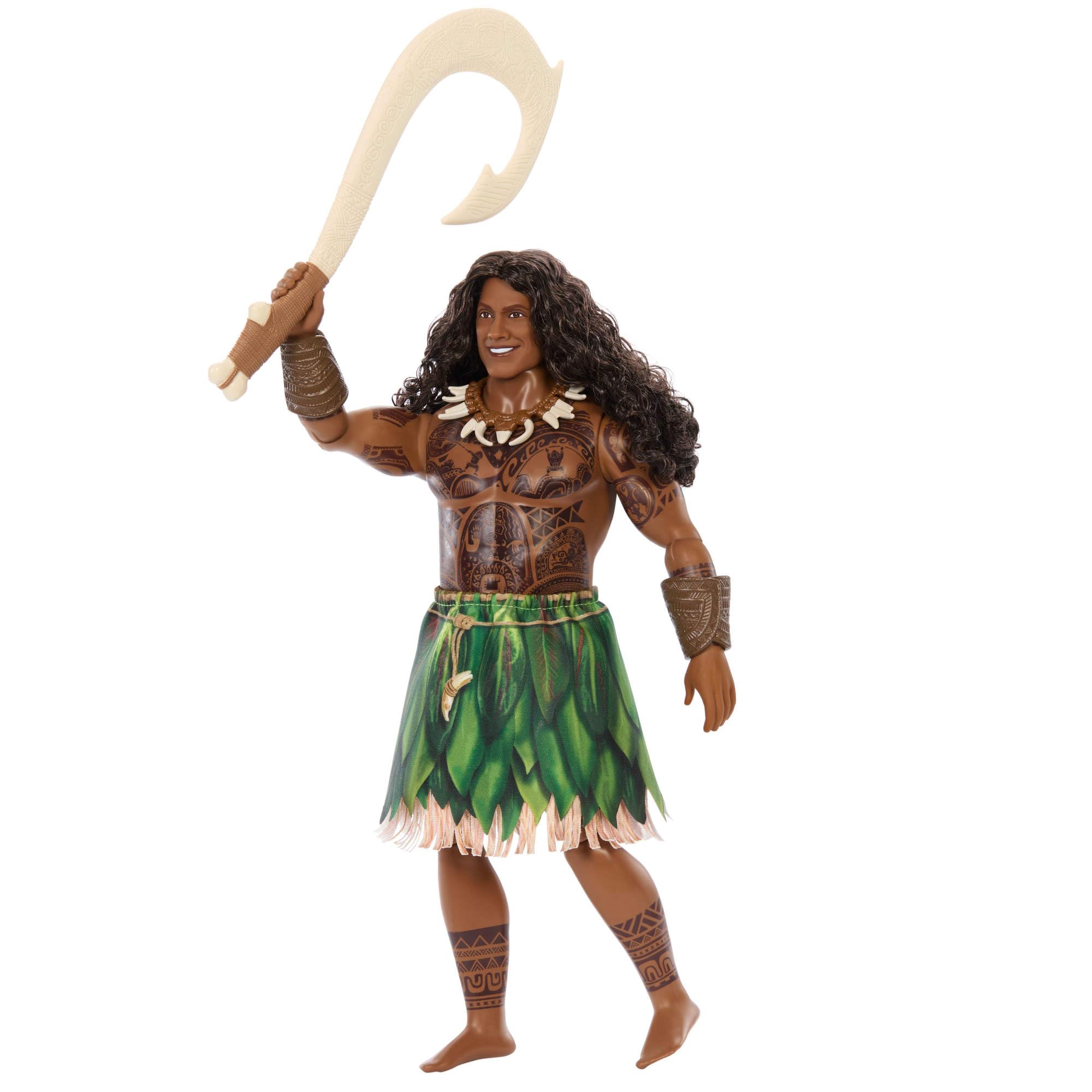 Mattel Mattel Disney Vaiana Maui Lalka do ustawiania w różnych pozach, zdejmowane ubranko, kręcone włosy, hak i 3 akcesoria, inspirowana filmem aktorskim zabawka dla dzieci 3+, JLV16