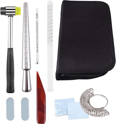 Miniatura 2 de KUUQA El juego de herramientas de medición incluye medidor de anillo, mandril de anillo, martillo de joyería, ajustador de tamaño de anillo, paño de