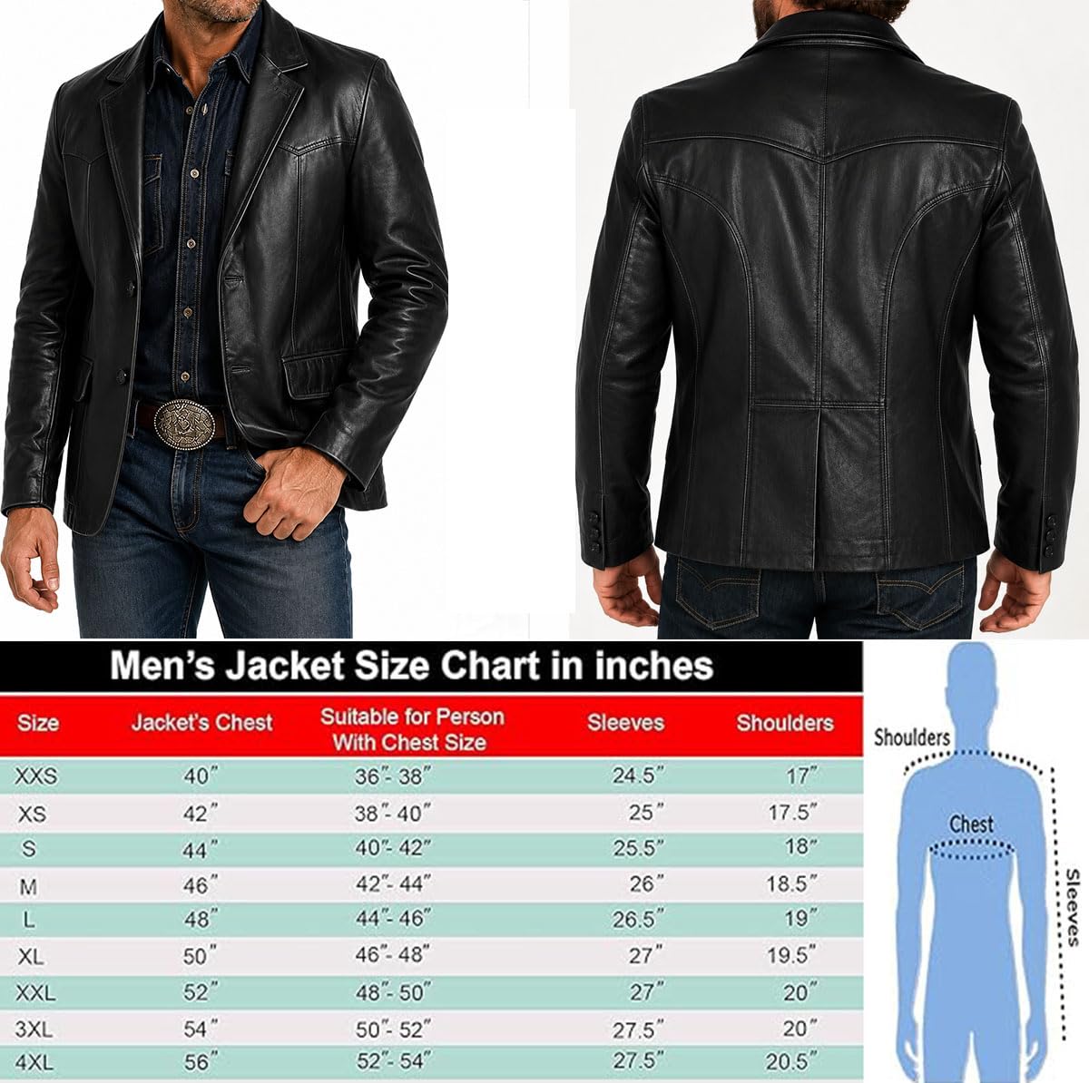 Blazer negro de 2 botones para hombre - Blazer de cuero para hombre