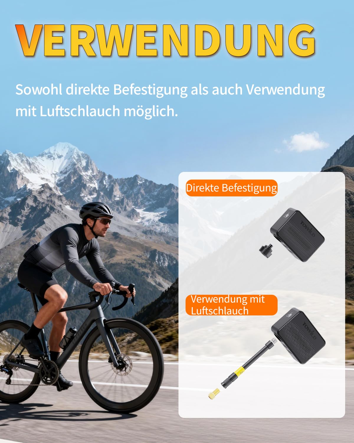 TOWILD A13 Akku Luftpumpe Fahrrad Elektrisch 130 PSI Tiny Fahrradpumpe mit Digitalem Manometer Automatische Abschaltung Elektrische Luftpumpe mit Presta- und Schrader-Ventil für E-Bike, MTB Rennrad