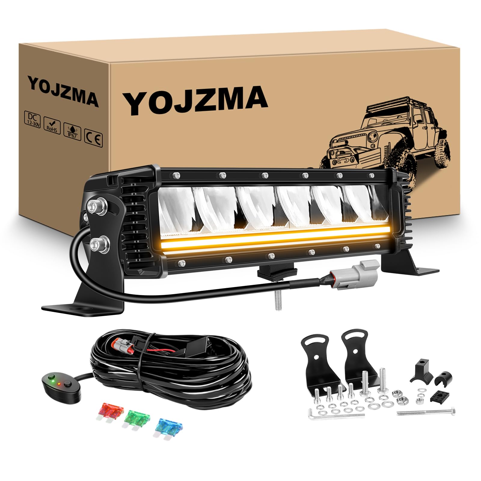 Listwa świetlna LED 13 cali 40 W z bursztynem DRL, reflektor 4000 lm jednorzędowe światło offroad IP67 wodoszczelne z zestawem okablowania DT do ciężarówek, odbioru, samochodu, SUV, ATV, UTV, 4