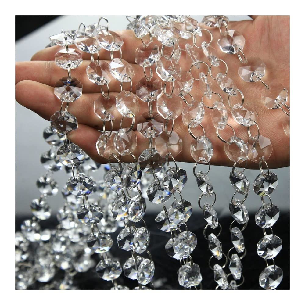 JUIYU - 5m 14mm glass prisms pendants, glass octagon bead chains with gold/silver rings, crystal pendant chains, glass garlands, replacement parts for