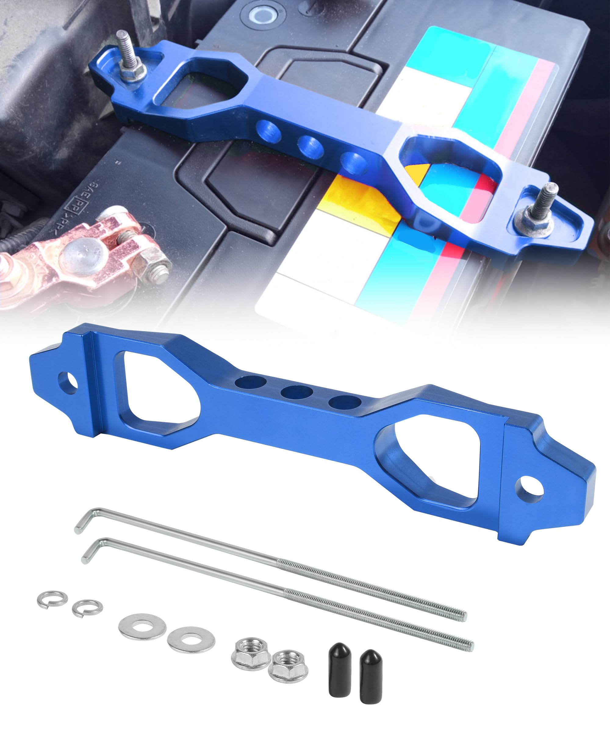 Battery Tie Down Kit, Car Accessories Bracket, Aluminium Alloy Hold Down With Galvanized Iron J Bolts, Fits Most Vehicles (Blue)