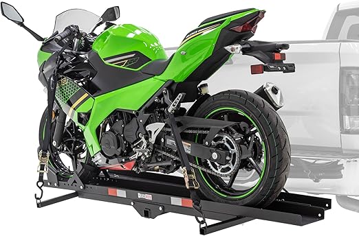 Black Widow Steel Motorcycle Carrier with Ramp for 2-Inch Receiver, 600 lb Capacity - Hitch-Mounted Dirt Bike and Scooter Hauler with Grit-Coated Track and Anti-Rattle Device for SUVs and Trucks