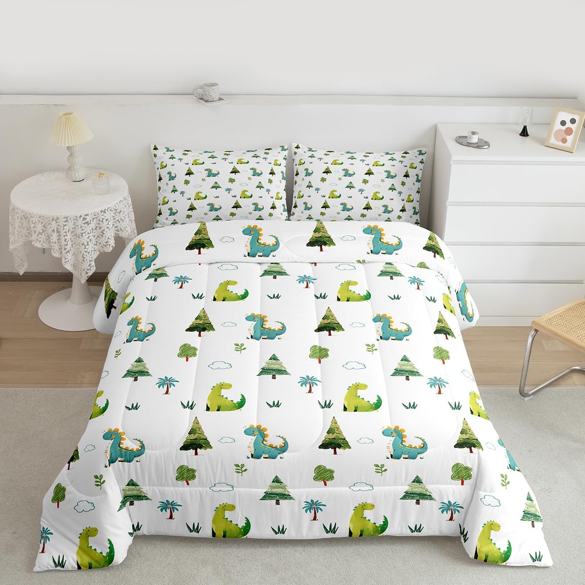 Feelyou Cute Dinosaur Kids Comforter Set Twin Size Cartoon Dinosaur Bedding Set Wild Animal Duvet Quilt for Kids Boys Girls Bedroom Jungle Dino Plant Decor Microfiber Ultra Soft Breathable