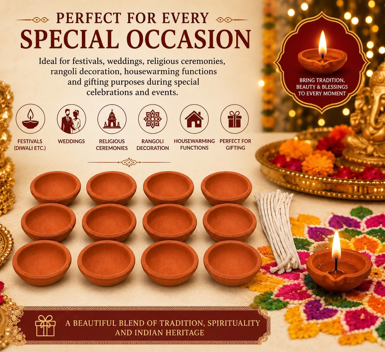 Handcrafted Earthen Clay Diyas Pack of 12 | Traditional Indian Oil Lamps Deepak for Diwali Puja Temple Home Decor Festivals Wedding Gift Decoration