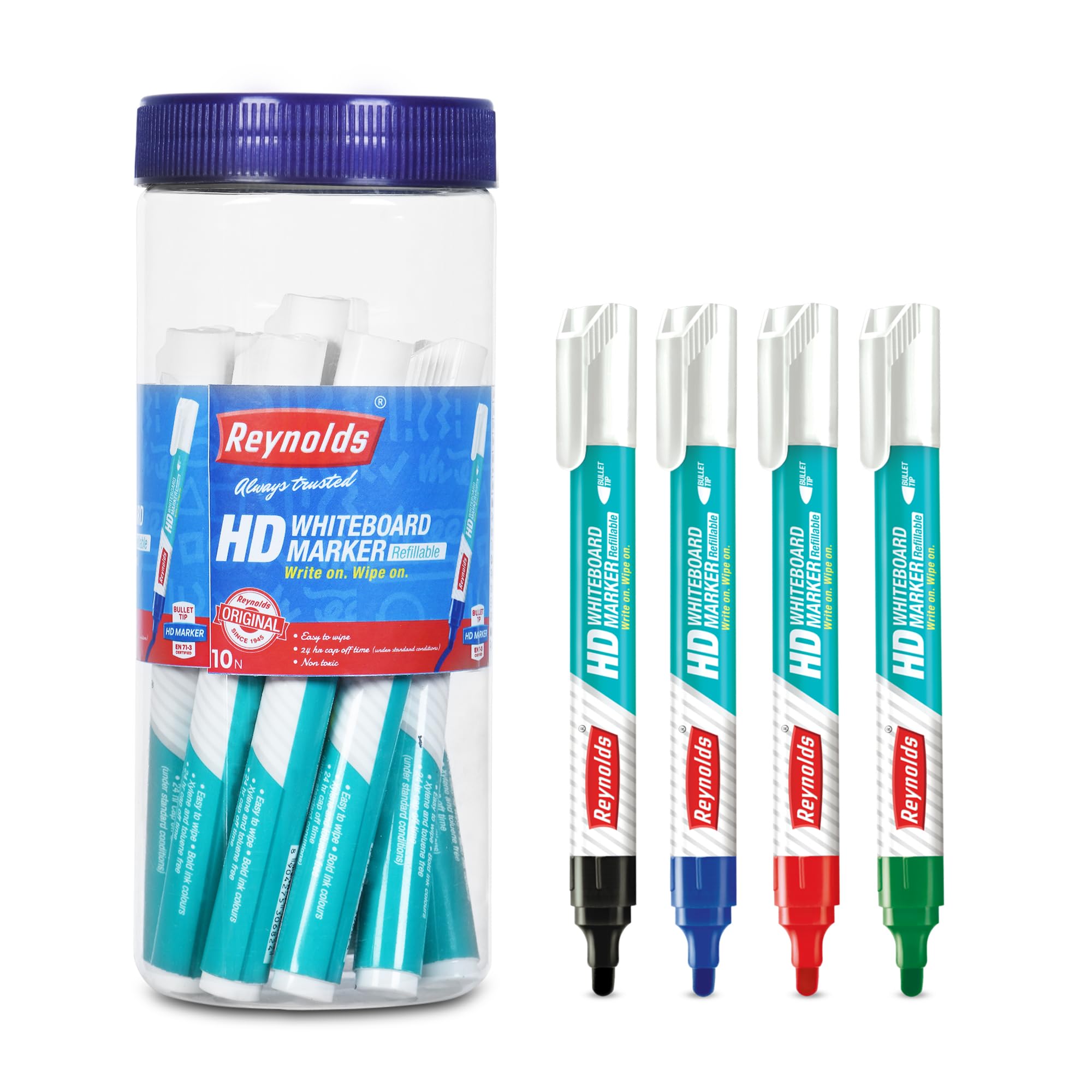 Reynolds Hd Wm 10 Ct Jar, 4 Black, 4 Blue, 1 Red & 1 Green | For Office And Home Use | Leak Proof Marker Pens With Unique Tip Stopper System | Easily Erasable Ink | Multicolour - Bold