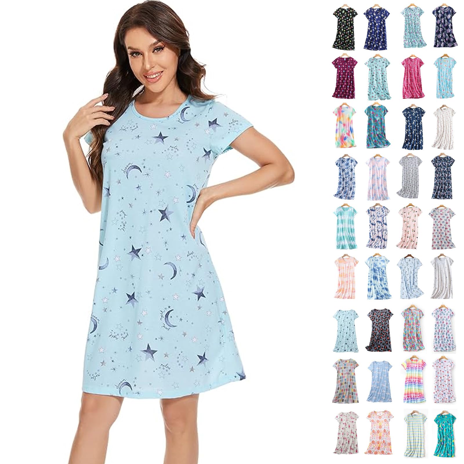 Womens Short Sleeve Nightdresses Cotton Nighties for Women Ladies Loose Crew Neck Jersey Nightshirts Summer Casual Graphic Printed Nightwear Dresses Nightgown Loungewear Long Sleep T Shirt