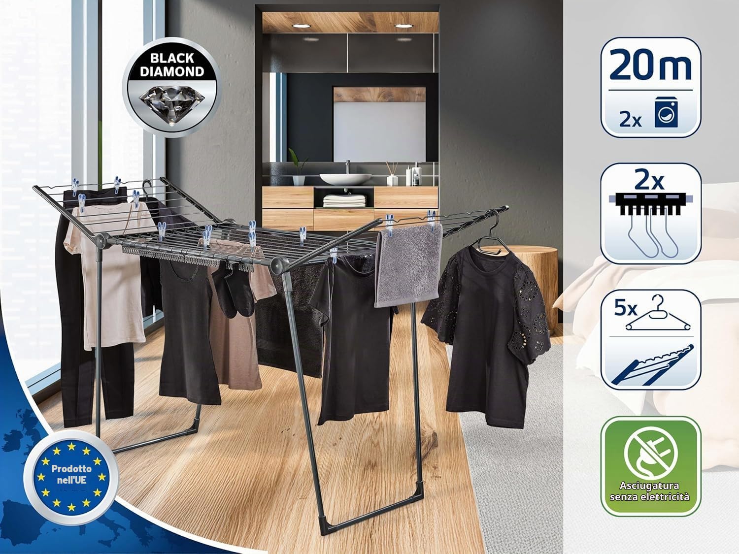 Leifheit Stendibiancheria Pegasus 200 Solid Black, 20 m Pieghevole | Alette laterali alte 107 cm per capi lunghi, 5 grucce antivento, 2 supporti piccoli capi, uso interno ed esterno