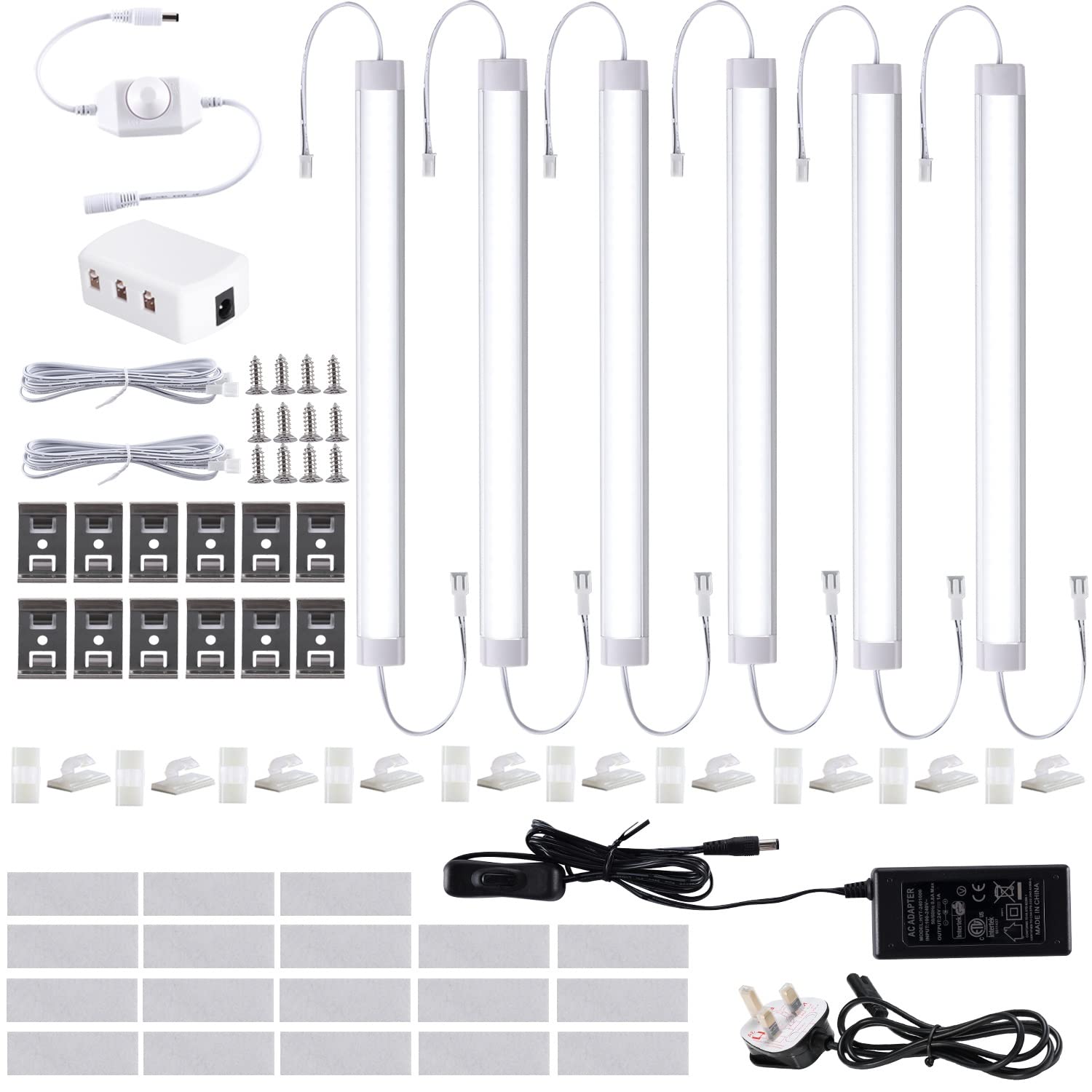 LABOREDUCERLED Under Cabinet Lighting Kit - 6 Pack Cabinet Strip Lights with Rotary Dimmer & 11Inch 24V Plug in Cupboard Lights Linkable Bar Lights for Kitchen丨Cupboard丨Counter丨Closet丨Showcase