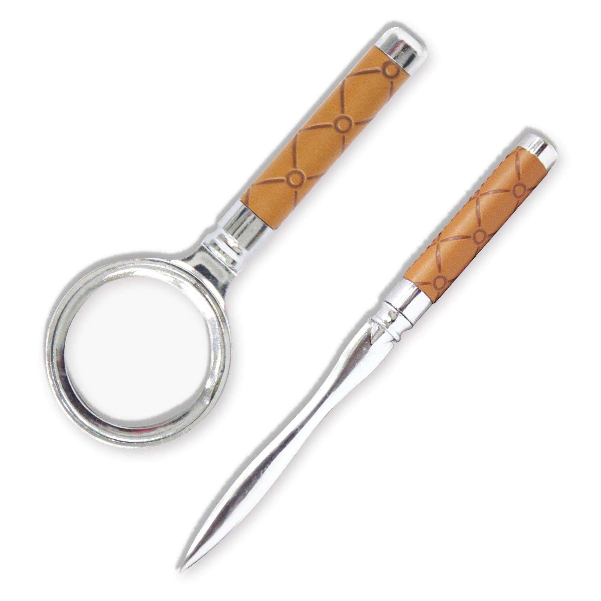 FIS® Italian PU Magnifier & Letter Opener, 3.6cm Glass Diameter, 4.5x12.2cm Magnifier Size, 1.1x15.8cm Letter Opener Size, Brown Color - FSMGLOSETBRD2