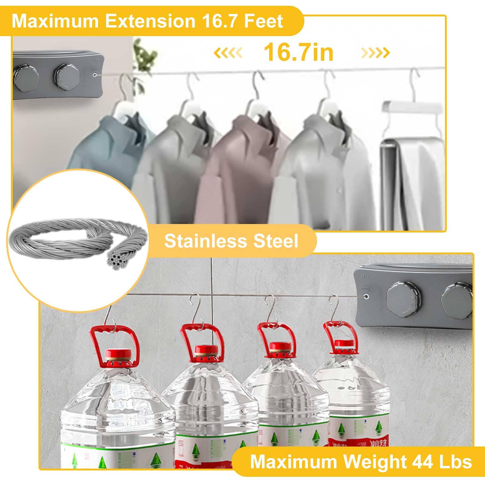 Corde à Linge Rétractable Extérieure 5,1m - Support 20kg, Installation Murale Facile Pour Balcon, Salle De Bain, Jardin