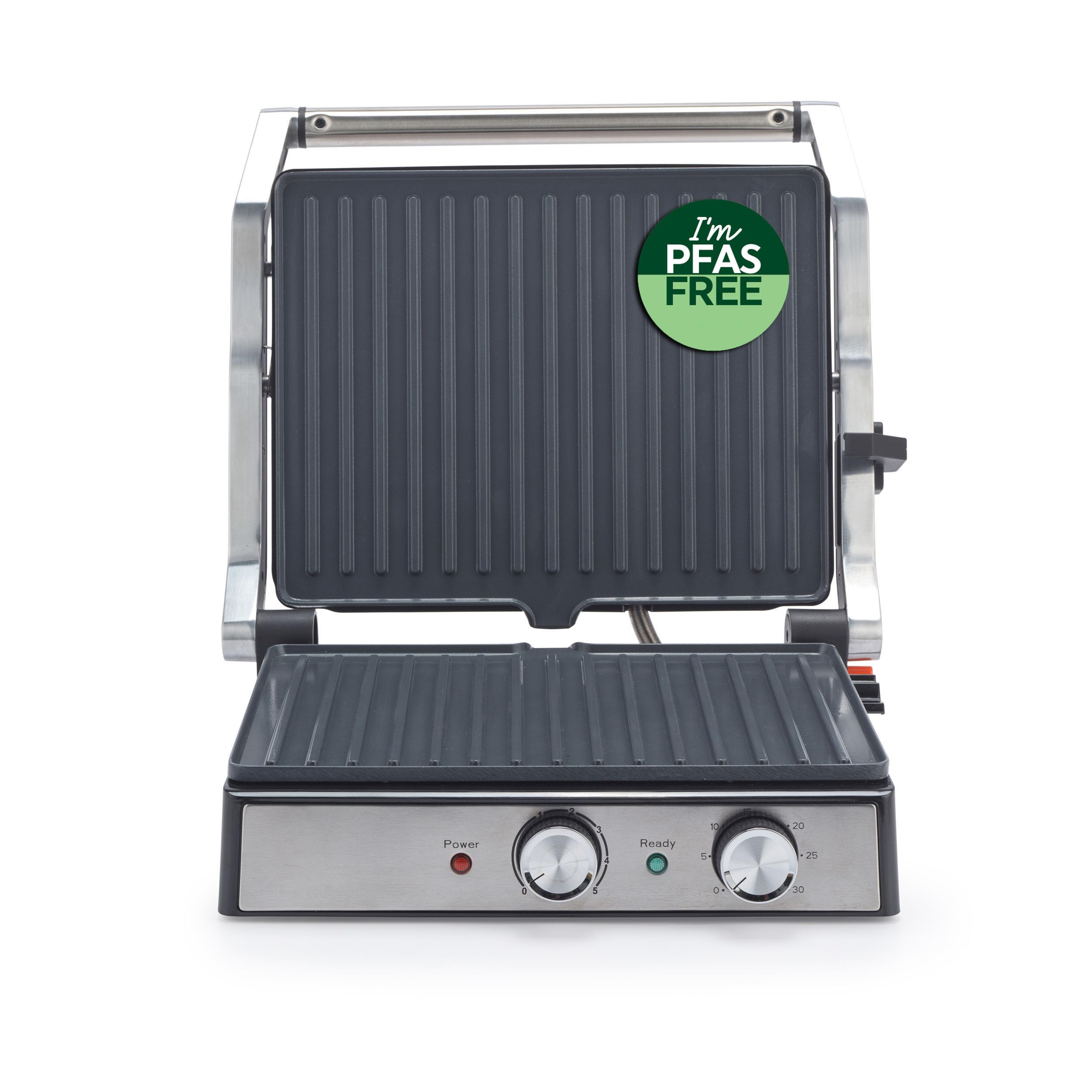 Salter Duży elektryczny grill zdrowotny – talerze ceramiczne otwierane na płasko dla dodatkowej przestrzeni, bez PFAS, toster do kanapek ze stali nierdzewnej i prasa do panini, taca na nadmiar oleju