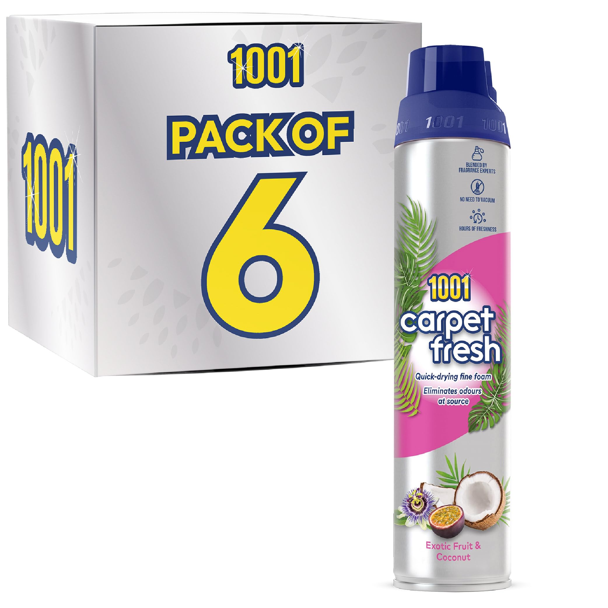 1001 Carpet Fresh Exotic Fruit & Coconut 300ml x 6 • Tropical Fresh Scent • Carpet Rug & Upholstery Freshening Foam • Quick Drying • No Hoovering Needed • Eliminates Odours • WoolSafe Approved