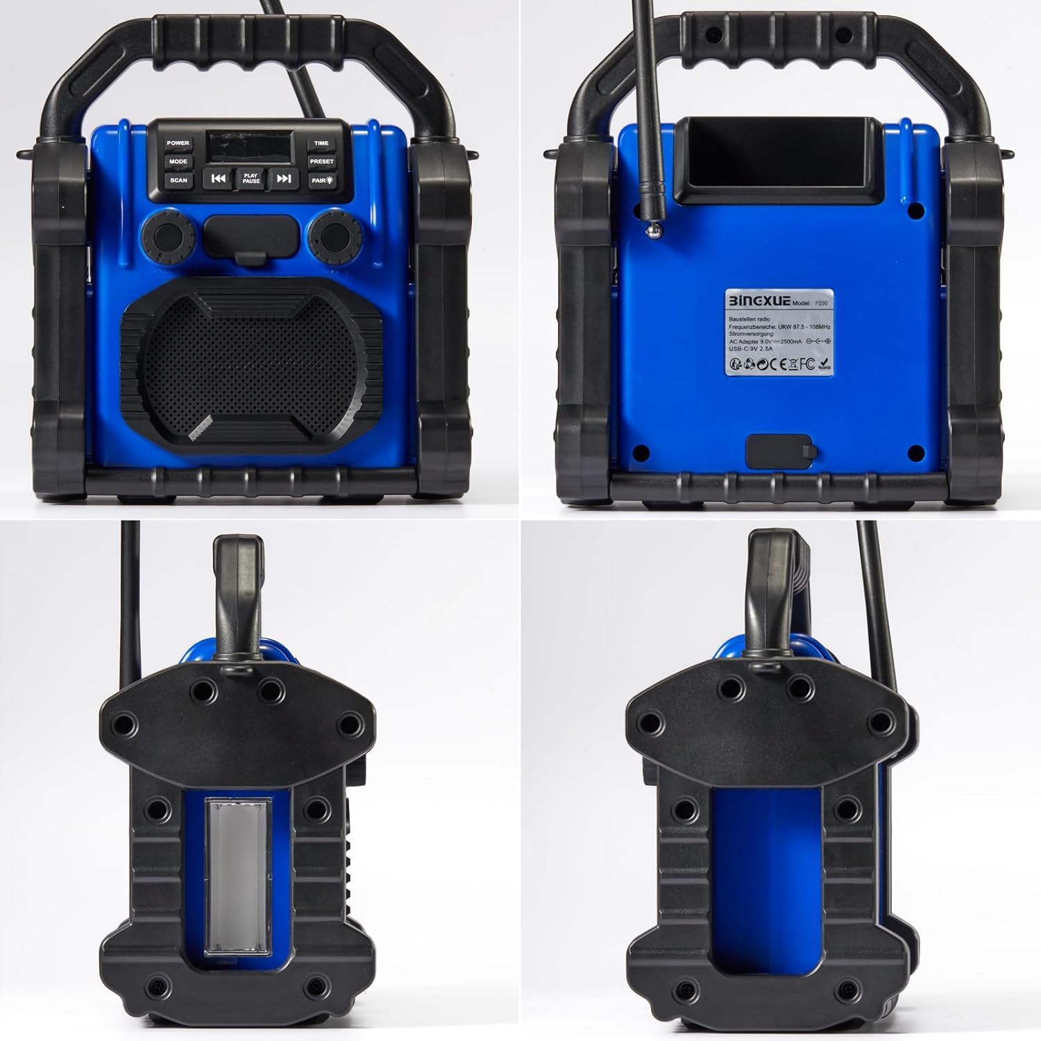 Baustelleradio Outdoor Lautsprecher Bluetooth Wireless, 30W IPX 66 wasserdicht FM-Uhr-Radio, tragbar mit LED-Lichtern, Kollisionsschutzradios für Outdoor/Arbeit/Garage (P250)