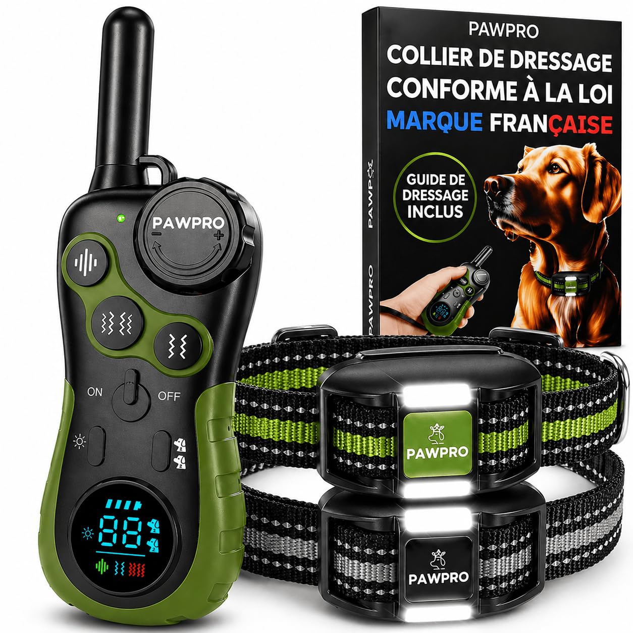 PAWPRO Collier de Dressage, Conforme Nouvelle Loi Bien Être Animal, Portée XXL 3km, Mode Lumière Nocturne, Guide de Dressage Inclus, BIP Vibration Boost, Adapté à Tous Les Chiens (2 Colliers)
