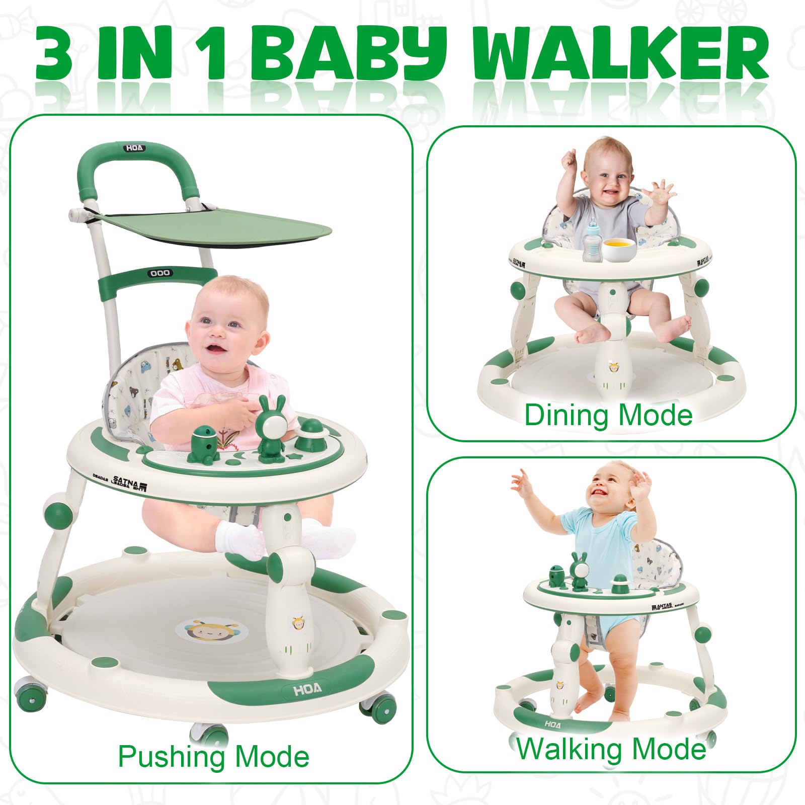 Trotteur Bébé Evolutif 3en1, Jumper Bébé en Roues Silencieuses à 360°, Centre de Jeux, Table à Manger et Accoudoirs, Réglable en Hauteur, Trotteur Bebe Fille/Garçon de 6 Mois Pliable, Vert