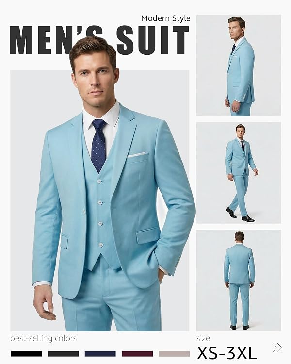 MrSure Men's 3 Piece Suit Blazer, Slim Fit Tux with One Button, Jacket Vest Pants & Tie Set for Party, Wedding and Business Sky by MrSure - Used condition - Image 3
