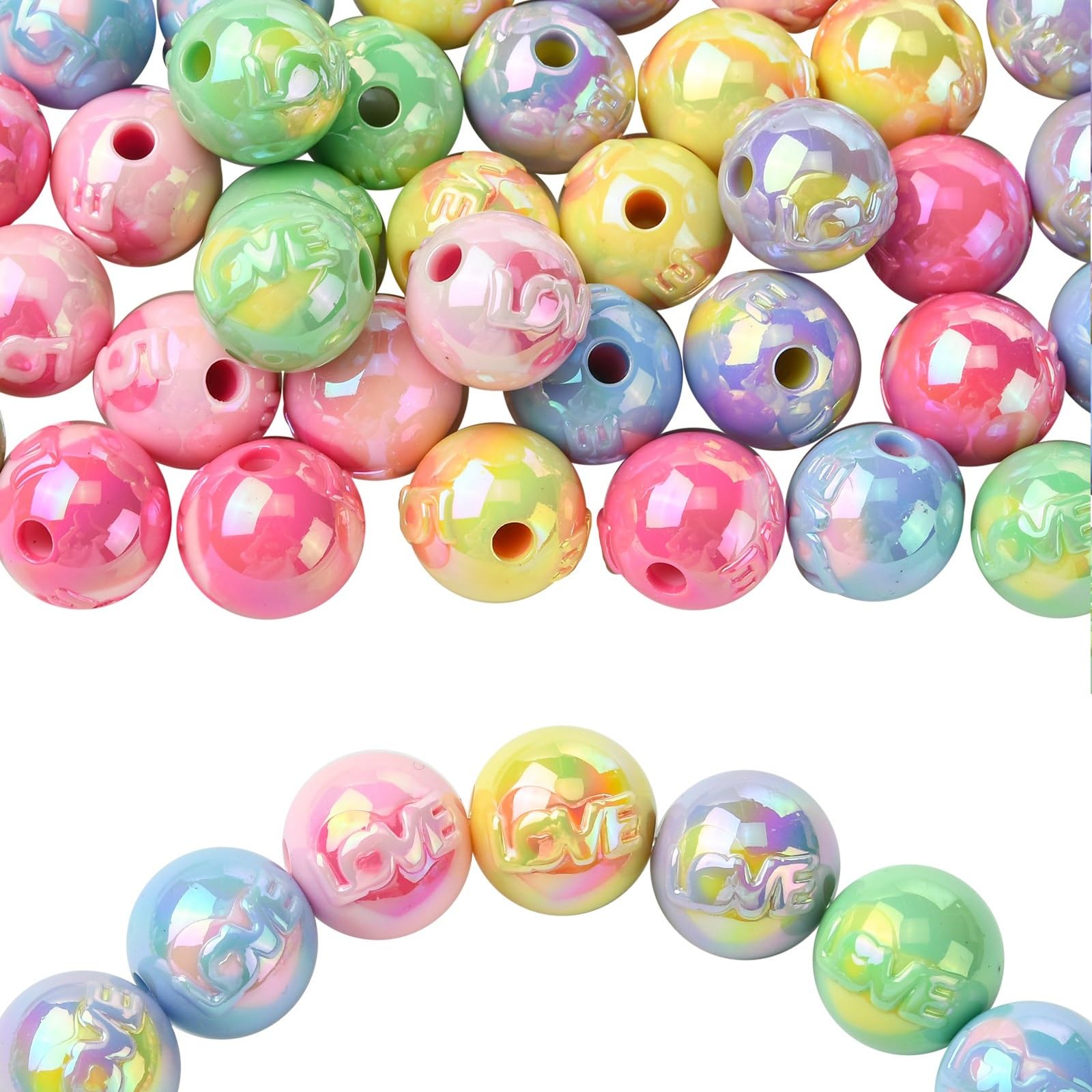 UR URLIFEHALL 50Pcs Acrylic Round Beads with Word Love Colourful Bubblegum Beads for Beadable Pens Bracelet Jewellery Making Keychain Crafts
