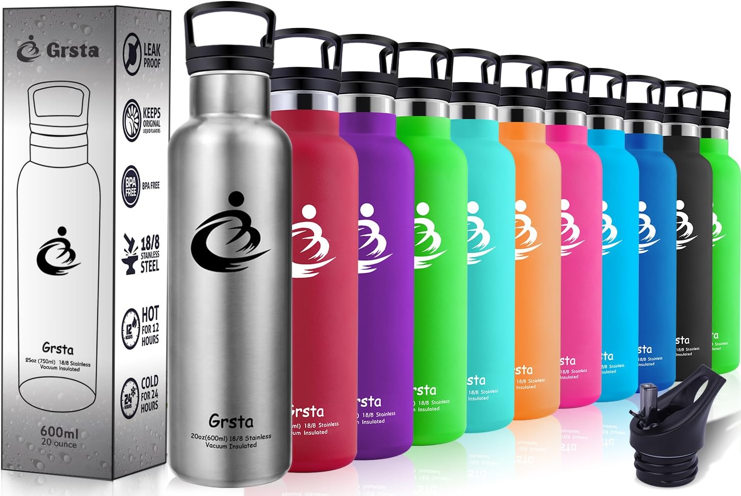 Grsta Sport Water Bottle 350ml, 600ml, 750ml, Double Walled Vacuum Insulated Stainless Steel Thermos Flask, BPA Free Metal, Reusable Drinking Water Bottles with Straw, for Hot & Cold, Kids, Outdoor