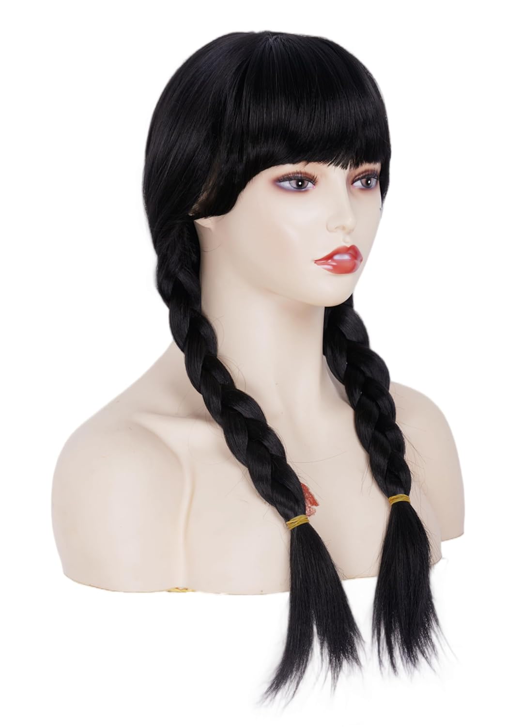 Long Black Wigs with 2 Pigtails for Women 20 Inches Synthetic Wig with Bangs for 70s 80s Cosplay,Halloween Party or Daily Use - Image 3