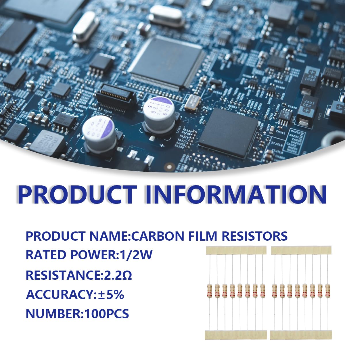 Resistenza del Film di Carbonio 2.2 Ohm 1/2W 5% 100 Pz per Progetti DIY