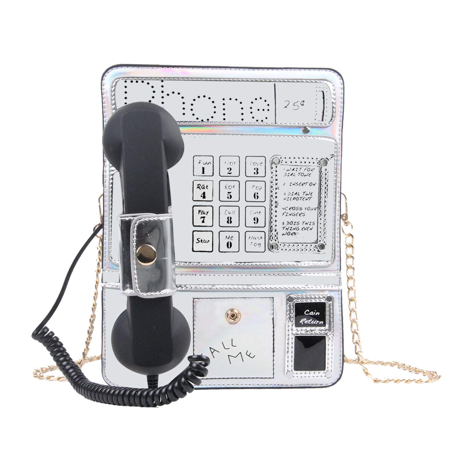 KUANG! Women Reflective Laser Fashion Telephone Shaped Shoulder Bag Ladies Funny Crossbody Bag Chain Purse