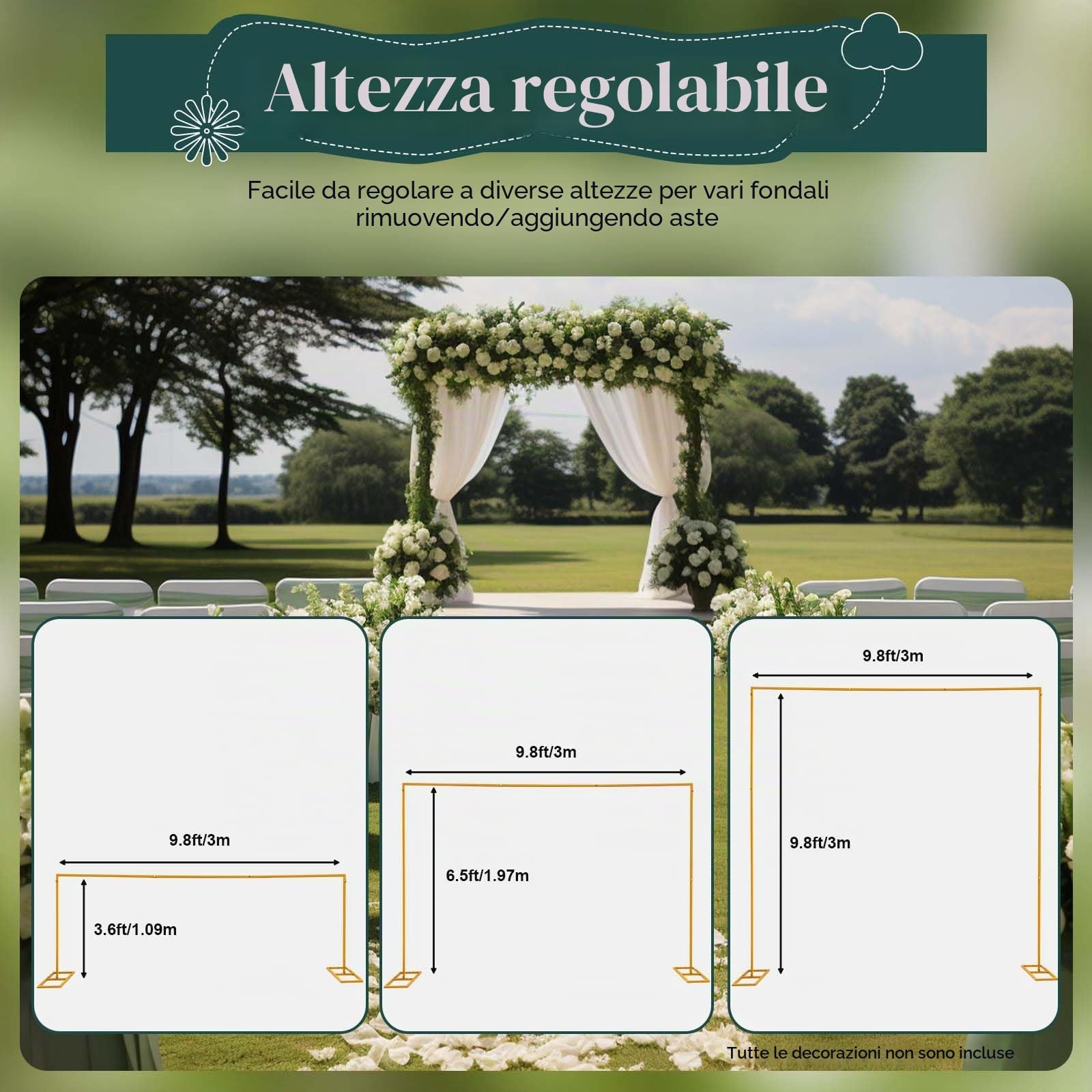 3m Arco Nuziale Robusto Regolabile Altezza, Ferro Quadrato, Giallo Senape, per Matrimoni Feste Compleanni Decorazioni con Fiori Luci LED