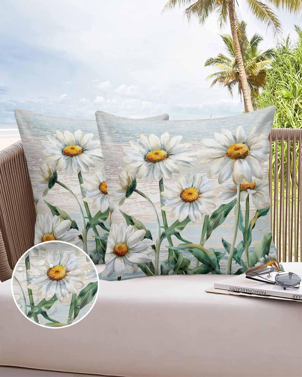 Boanket Outdoor Pillow Covers 26 x 26 in, Vintage Flowers Waterproof Throw Pillow Cover Set of 2, White Daisy Spring Floral Summer Home Decorative Square Cushion Covers for Patio/Couch/Garden