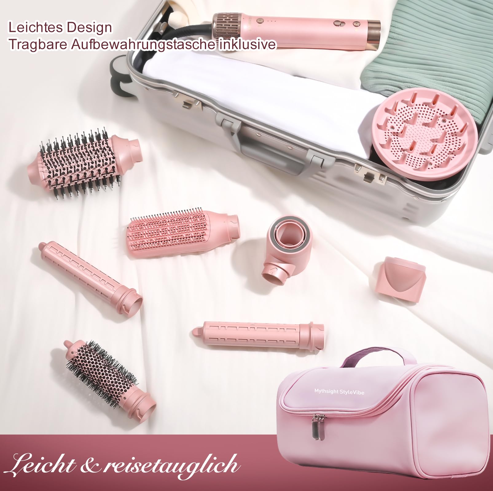 Mythsight StyleVibe 8-in-1 Airstyler mit Diffusor-Haartrockner, automatischen Lockenwicklern, Thermobürste, Reisetasche