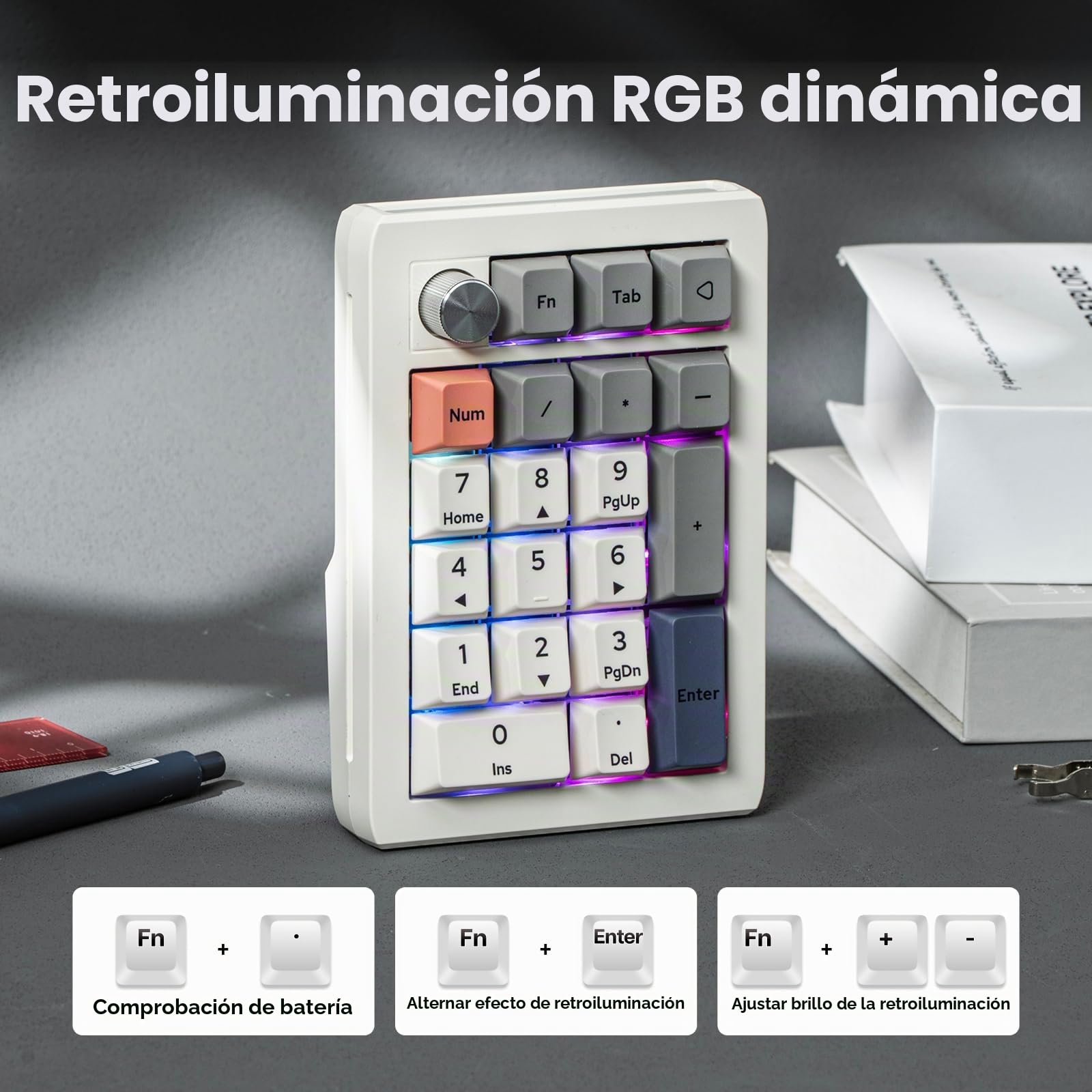 EPOMAKER EK21 Via Teclado Numérico de 3 Modos (Blanco, Wisteria Linear) | 1000mAh, Gasket, BT5.0/2.4GHz/Cable, Hot-Swap, Perilla de Aleación de Aluminio, Numpad Programable, para Win/Mac/Juegos