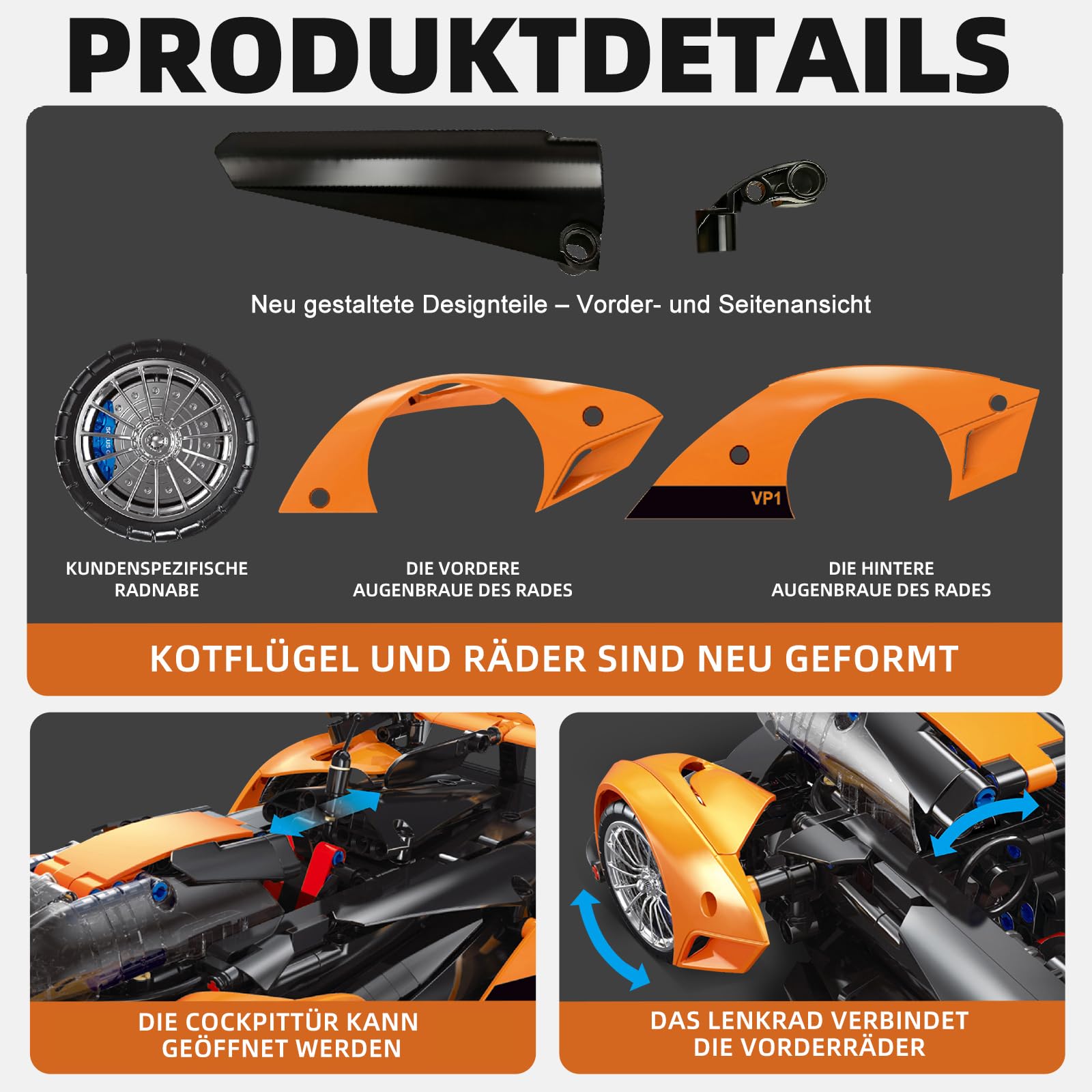 Kit de construction de voiture télécommandée, Solus GT 1:14 (817 pièces) | compatible avec Technic, avec moteurs et batterie rechargeable, cadeaux de collection pour les 10-16 ans et les adultes