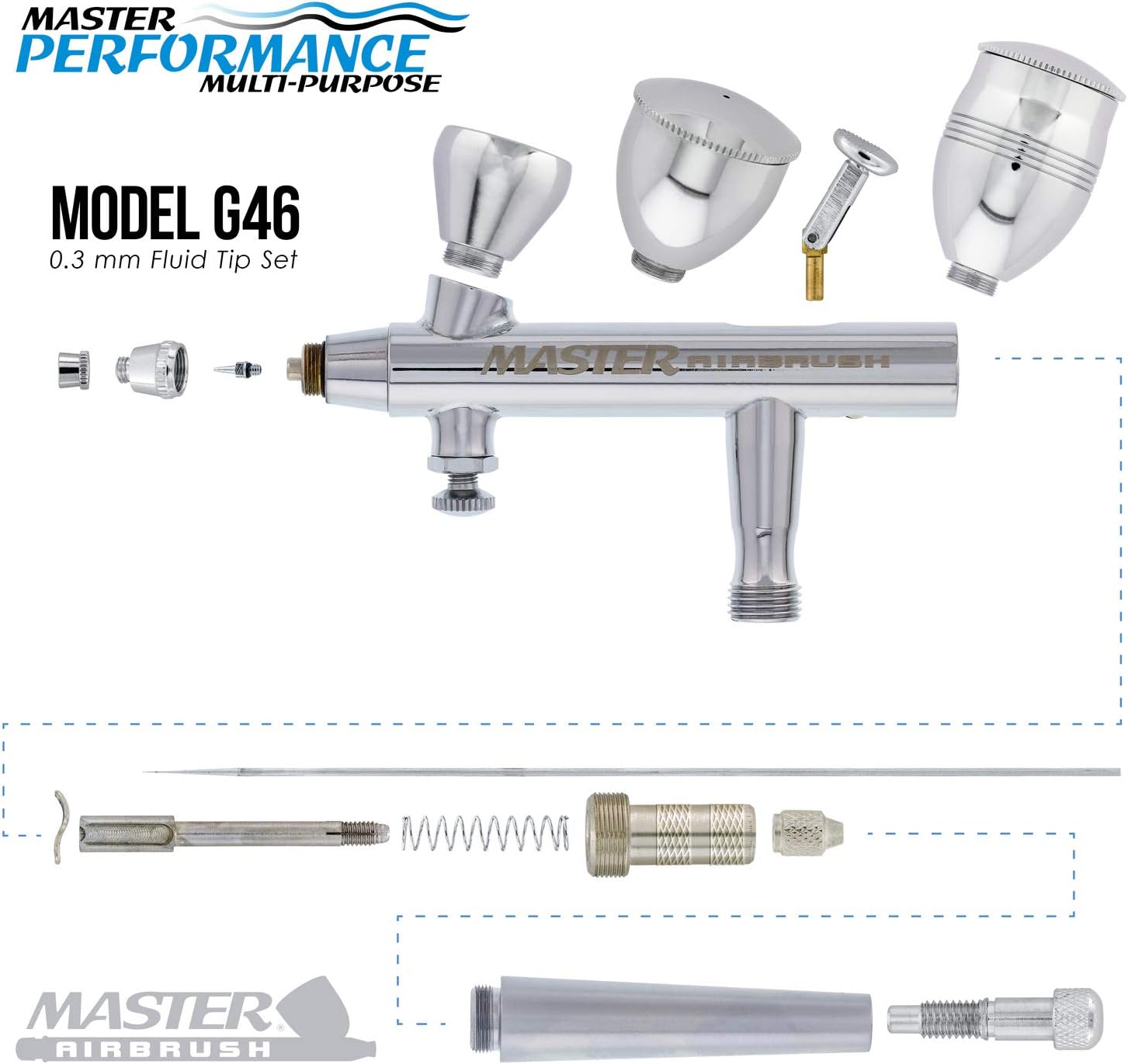 Master Airbrush Model G46 Multi-Purpose Dual-Action Airbrush, 0.3 mm Tip, 3 Sizes of Gravity Feed Fluid Cups, Micro Airflow Valve - User Friendly, Versatile Set Kit - Auto Graphics, Art, Hobby, Cake