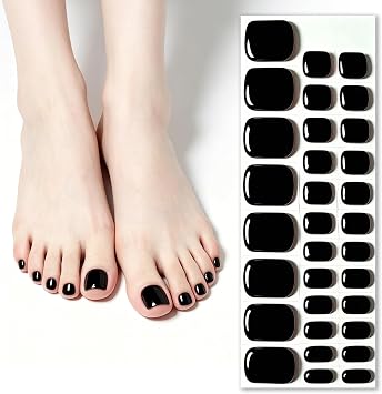 32 Pcs Semi-Cured Gel Toe Nail Strips, Salon-Thick Pedicure Wraps with Seamless Tapered Edge, UV-Activated Hardening Polish Stickers for Vacation and Open-Toe Shoes Black
