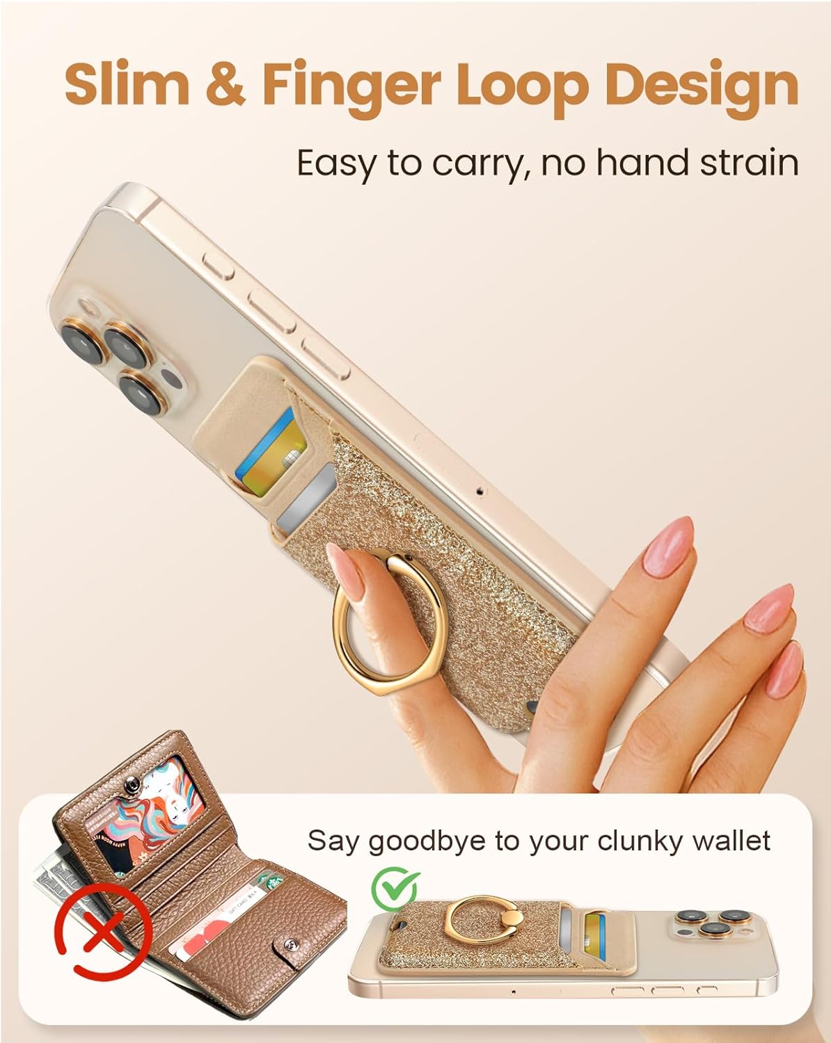 Shorogyt Compatible with Magsafe Wallet Magnetic Card Holder - Phone Wallets with Ring Grip Stand Cute Fashion for iPhone 17/16/15/14/13/12 Series for Women Girls Glitter Gold Design, Fit 3 Cards - Image 4