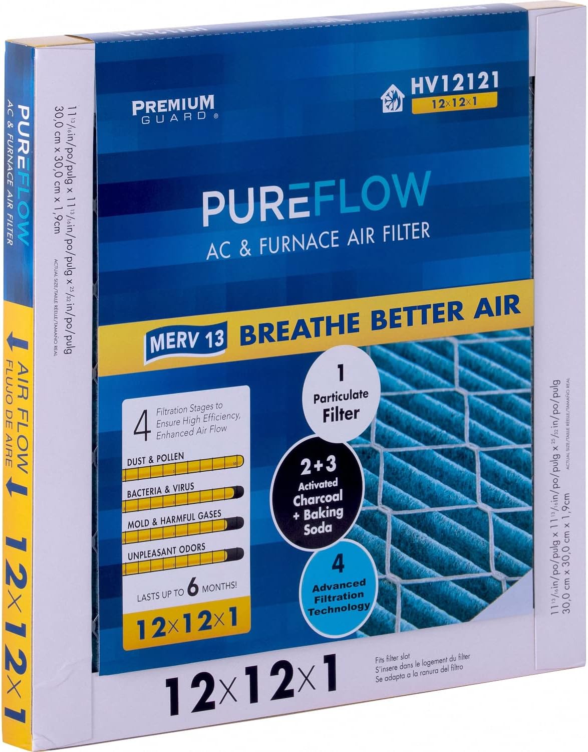 PUREFLOW Odor Control Home Air Filter MERV 13, 12x12x1 Furnace Filter, 4 Layer High Efficiency Filtration for Dust, Smoke, Fumes, Pollutants (Pack-of-2)