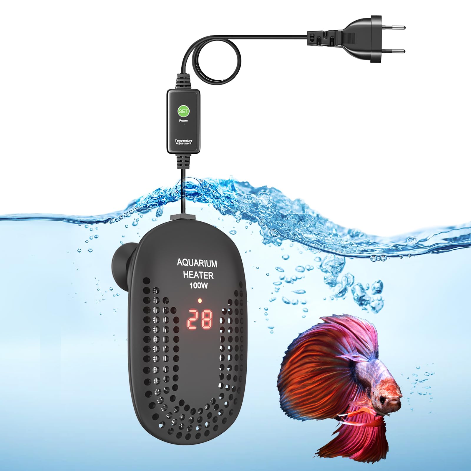 Bonlux Calentador de Acuario sumergibl 100W, Mini Calentador de Tanque de Tortuga de Peces Ajustable con Pantalla Digital LED, Control de Temperatura Externo para 60L AC 220-240V