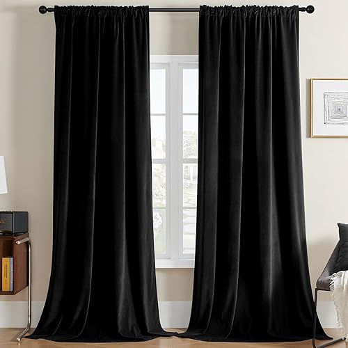 Joydeco Cortinas de terciopelo negro de 84 pulgadas de largo, juego de 2 paneles Burg de lujo, bolsillo para barra, cortinas opacas con aislamiento
