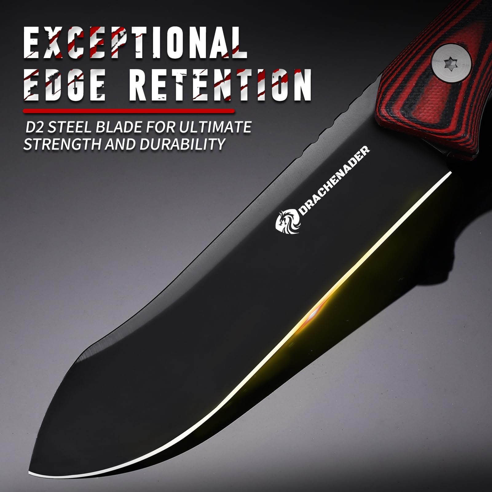 DRACHENADER Cuchillo Supervivencia Red-Rock, Full Tang para Exteriores, Hoja 10, 3 cm de Acer D2, Nessmuk con Funda Kydex