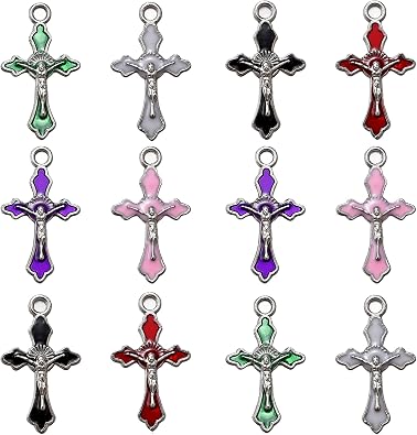 90Pcs 6Colors Antique Silver Alloy Enamel Jesus Cross Charms Crucifix Pendants Religious Charms For DIY Rosary Beads Necklace Bracelet Earring Jewelry Making Accessories