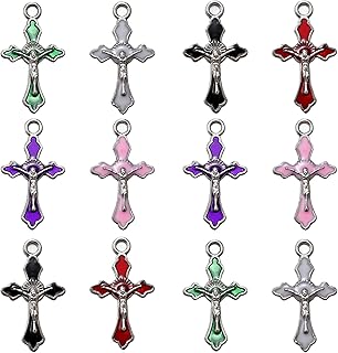 90Pcs 6Colors Antique Silver Alloy Enamel Jesus Cross Charms Crucifix Pendants Religious Charms For DIY Rosary Beads Necklace Bracelet Earring Jewelry Making Accessories