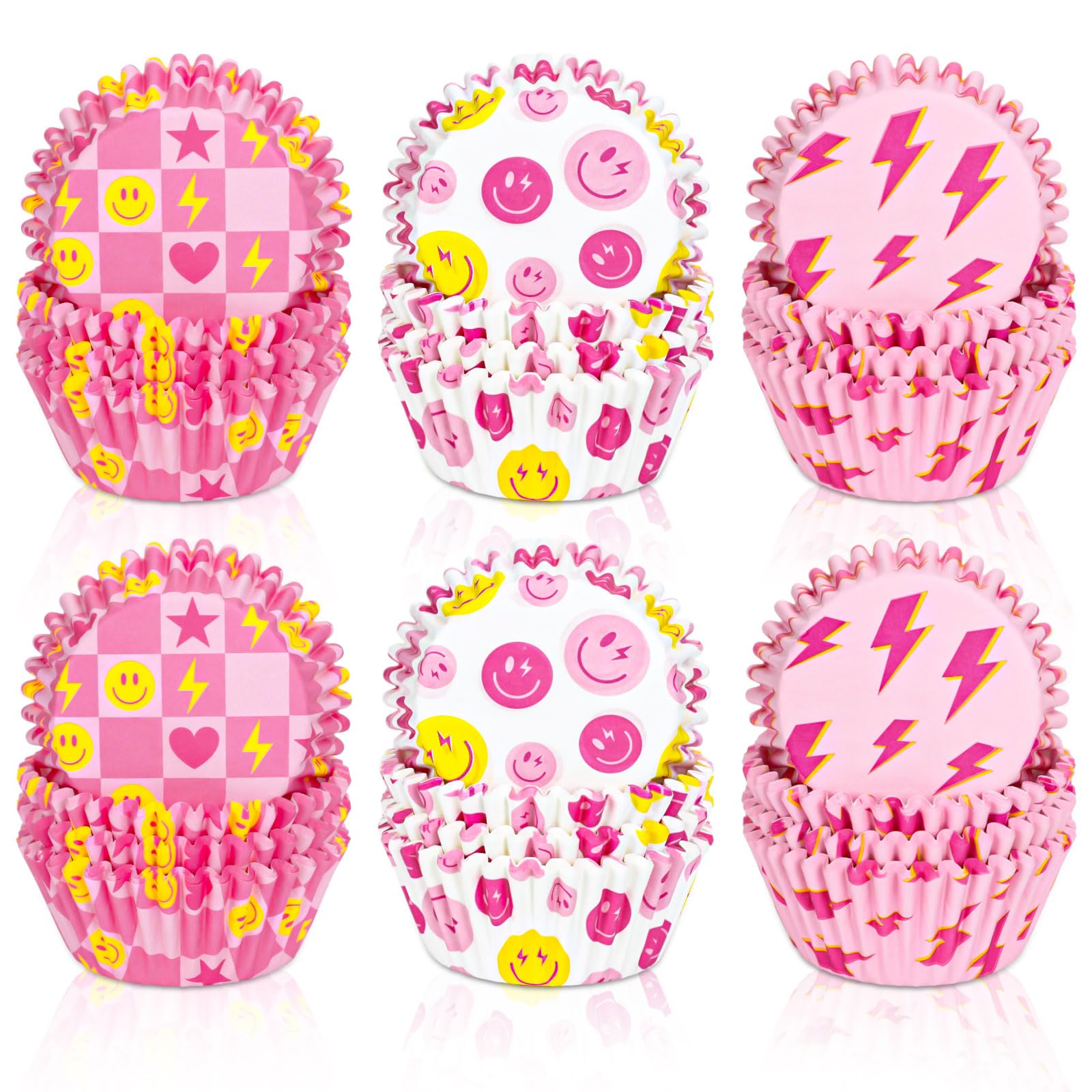 Moldes para magdalenas con cara sonriente de relámpago, 300 tazas estándar rosa y amarillo