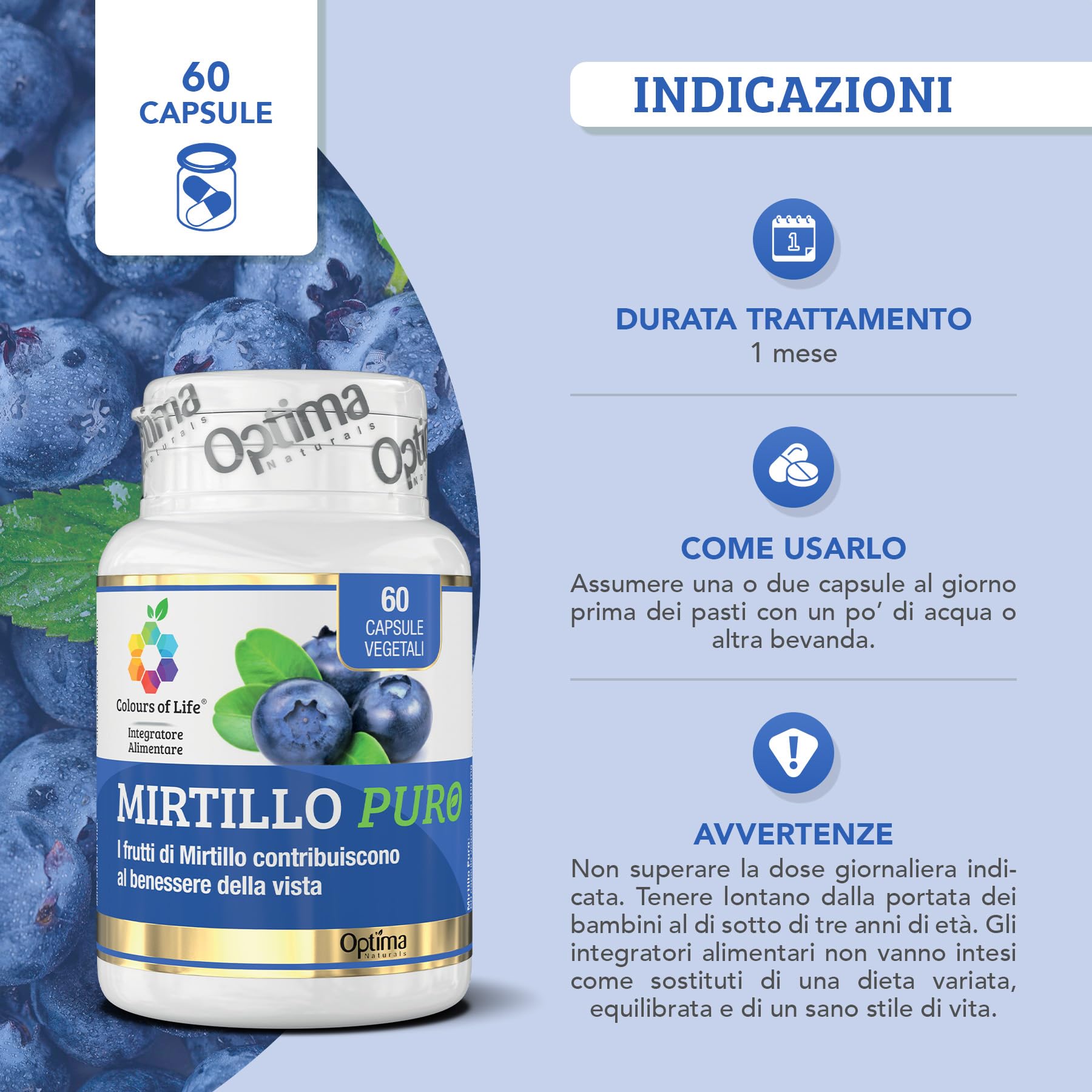 Colours of Life Mirtillo Puro - Integratore Mirtillo nero per il benessere della vista - Microcircolo e capacità visiva - Senza Glutine e Vegano, 60 capsule vegetali
