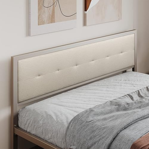 Miniatura 8 de Nazhura Marco de cama de tamaño matrimonial, plataforma de acero estable con cabeceroestribo de tela (marco de color champán)